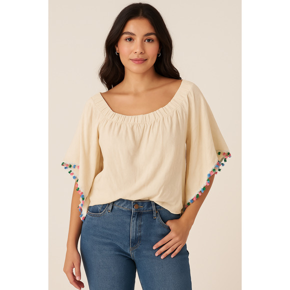 Andree by Unit Beige Off The Shoulder Bell Sleeve Fringe Boho Top Womans Size 2X - Picture 1 of 7